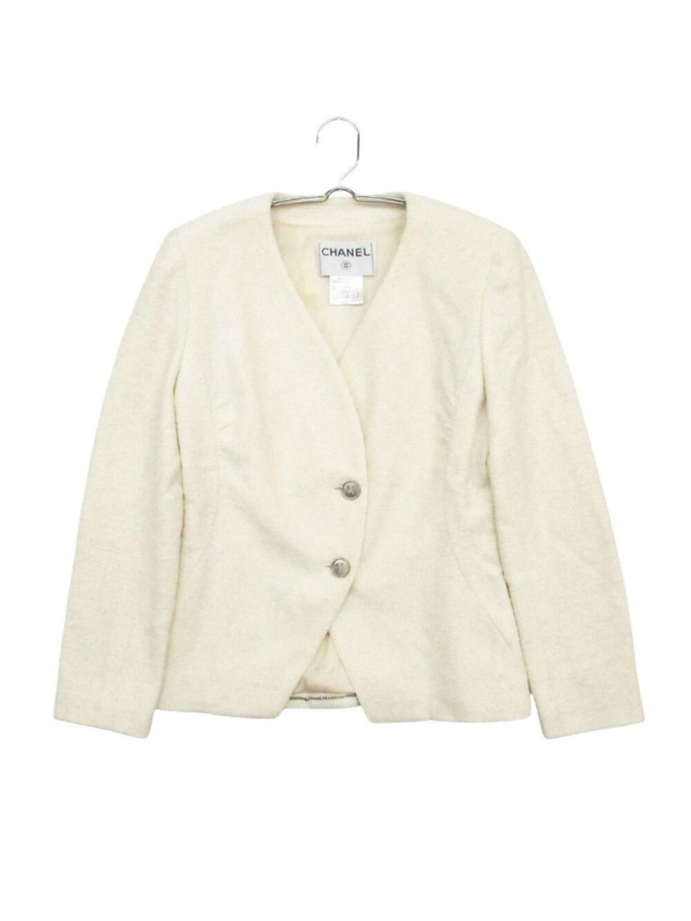 Chanel Tweed Collarless Jacket Blue Leather White